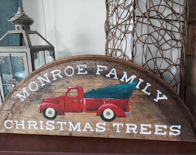 Customizable Christmas tree truck, hand painted onto half circle  barrel lid, bourbon gift,