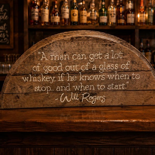 Bourbon Barrel Sign, Will Rogers quote, Hand Painted Whiskey Decor