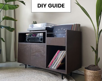May include: A dark brown wooden record player stand with a turntable, amplifier, and shelves for vinyl records. The stand has a DIY guide label on the wall above it.