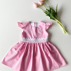 Vestido de linho rosa para bebê menina: forrado de algodão