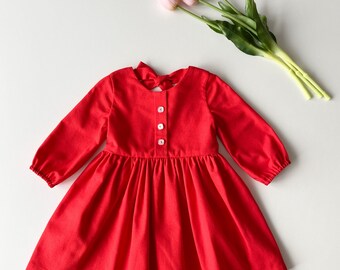 Red Linen Dress for Girls: Long Sleeve Rustic Flower Girl Outfit