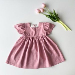 Dusty Rose Linen Girl&#39;s Dress: Rustic Flower Girl Outfit