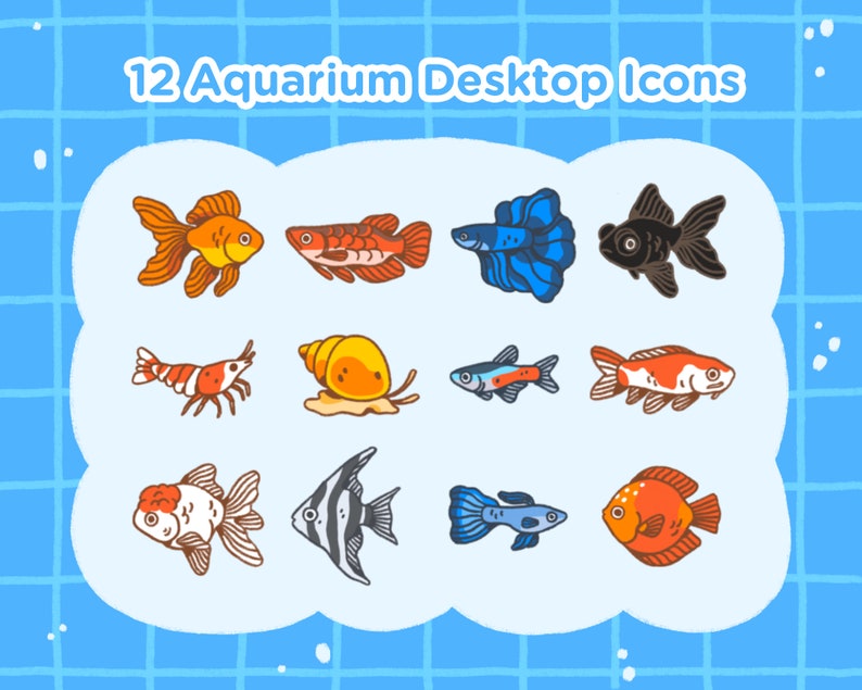 May include: Twelve colorful cartoon aquarium desktop icons featuring various fish, a snail, a shrimp, and a plant. The icons are set against a blue and white tiled background.