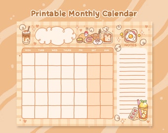 May include: Printable monthly calendar with a light brown and white checkered background. The calendar has a space for each day of the week, Monday through Sunday. There are cute illustrations of food and drinks around the calendar, including a cup of coffee, a cloud, bread, and a sandwich. There is a notes section on the right side of the calendar.