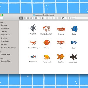 May include: A computer screen displaying a folder titled "Aquarium Desktop Icons" with icons of various fish and aquatic creatures, including angelfish, oranda goldfish, arowana, betta, crystal shrimp, discus, koi, guppy, neon tetra, apple snail, goldfish, and black moor.