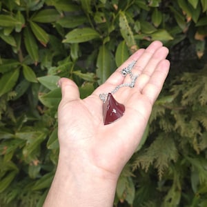 May include: A silver chain necklace with a dark red, triangular pendant.