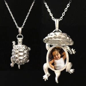 Turtle Photo Locket Pendant Necklace in Sterling Silver Handmade