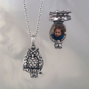 Owl Photo Locket Pendant Necklace in Sterling Silver Handmade