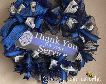 Police Wreath, Officer Wreath, Thin Blue Line, Back the Blue, Protect and Serve, Thank You, Retirement, Police Gift, Front Door Wreath