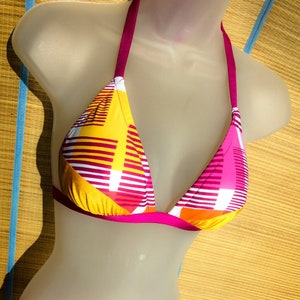 Designer bikini, cheeky bottoms, contrasting fabrics, fitness, one of a kind, colorful,