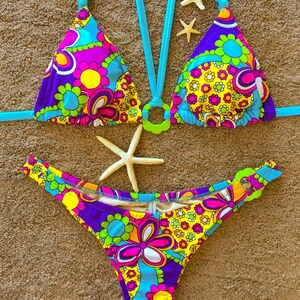 String Bikini, Triangle Top, Handmade Bikini, Cheeky Bikini, one of a kind, Mod Print