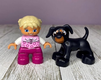 LEGO Duplo Little Blonde Girl and Black Puppy Dog Figures