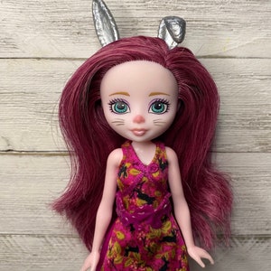 May include: A pink and gold dress with a black floral pattern and a pink belt. The doll has long pink hair and is wearing silver bunny ears.