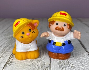 1998 Fisher Price Little People Construction Worker and Orange Cat Figures (See Description)