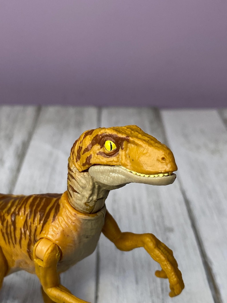 May include: A detailed plastic toy dinosaur, a Velociraptor, in shades of yellow and brown. The dinosaur has a textured skin appearance with dark brown stripes. The eyes are yellow with black pupils. The toy is posed with its arms extended.