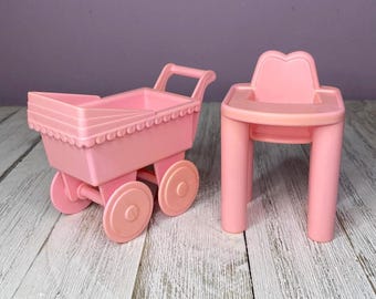 Playskool Victorian Dollhouse Pink Baby Highchair and Pram Stroller (Discolored/See Description) 1:12 Scale Dollhouse Furniture
