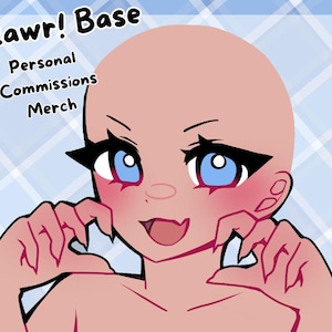 Può includere: Illustrazione in stile anime di un personaggio con testa calva, grandi occhi blu e accenti neri. Il personaggio ha le guance rosa e tiene le mani in un gesto ad artiglio. Il testo in alto recita "Rawr! Base", con "Personal Commissions Merch" sotto.