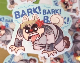 May include: A sticker with a cartoon dog illustration, showing an angry expression and the words "BARK! BARK!" in blue. The dog is crawling, with a red angry symbol above its head. The sticker has a light blue border.