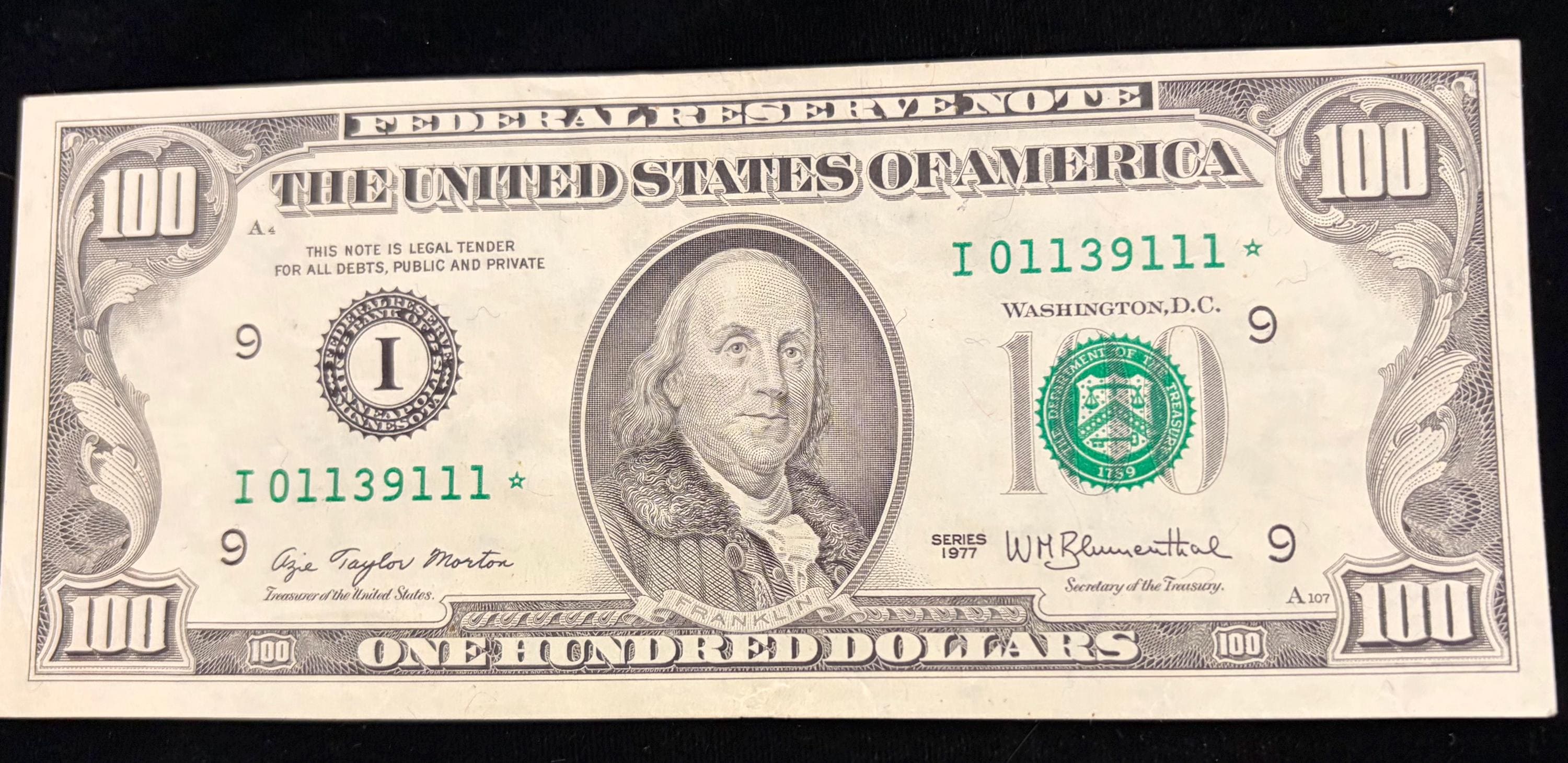 1977 Star 100 Note With Rare Serial Number 01139111 in Mint Condition ...