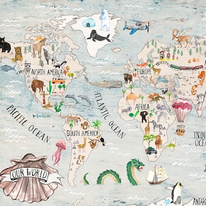 dig download OUR WORLD Poster worldmap ENGLISH - the printable worldmap poster shows many animals and details for boys and girls to discover
