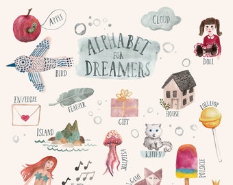 Poster Alphabet Kinderzimmer Mädchen digitaler Download Kinder Illustrationen Dekoration Regenbogen Einhorn ENGLISH XXL Aquarell Einschulung