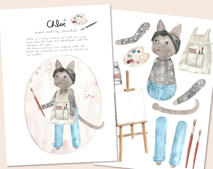 printable CHLOÉ cat movable paper doll dig download paper doll play craft toy animals diy girls children crafting dress up