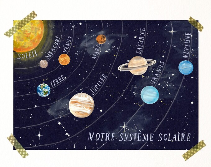 digital download poster solar system FRENCH children's room boys girls planets school planets stars school enrollment universe