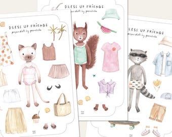 DRESS UP FRIENDS paper dolls by povalala summer holidays vacation animal printable paper doll cat dress up doll craft craft dress up doll
