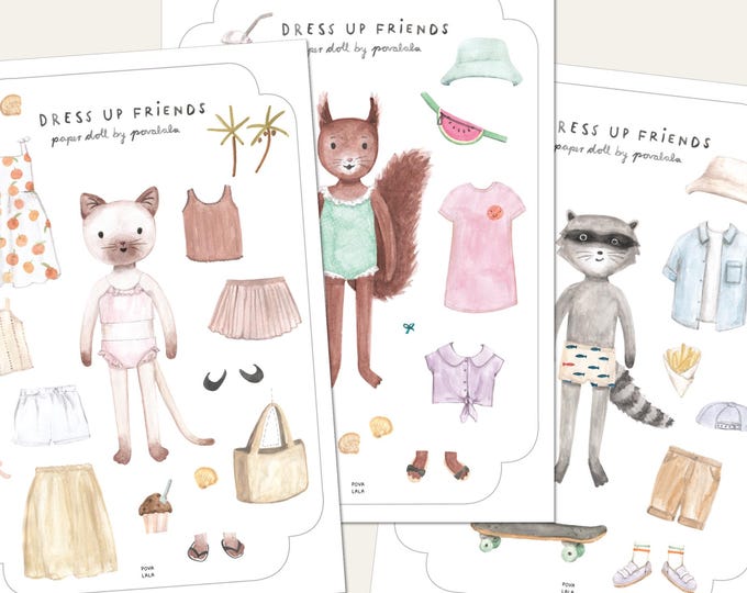 DRESS UP FRIENDS paper dolls by povalala summer holidays vacation animal printable paper doll cat dress up doll craft craft dress up doll