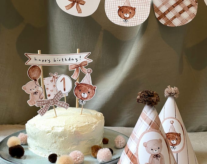 printable TEDDY BEAR birthday decorations - cute beary handmade illustrations for your kid's baby birthday party