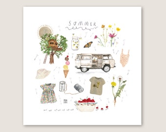 dig. Download Sommer Kinderzimmer Jahreszeiten Mädchen Jungen Natur Ferien Baumhaus Bulli Kinder Illustrationen Blumenwiese Sonne Urlaub