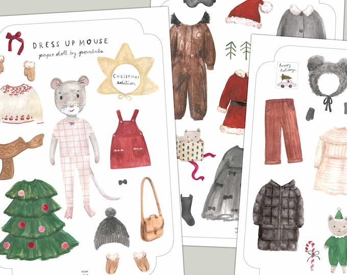 download DRESS UP MOUSE christmas edition paper doll povalala mouse girl children play dress-up doll Christmas craft paper fashion
