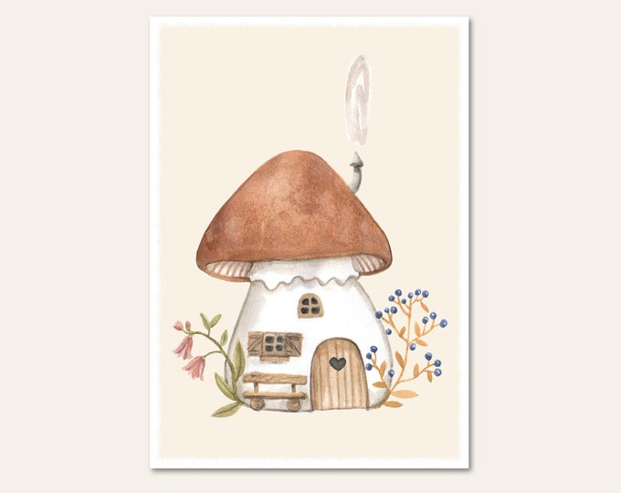 Card mushroom house autumn hygge mushrooms cute girls boys children illustrations cottage core Povalala mushrooms seasonal table gnomes