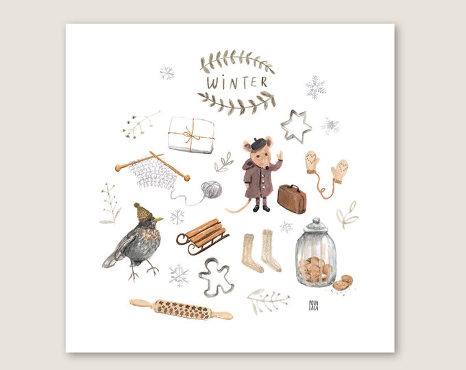 Digital download winter nursery seasons girls boys hygge cozy Christmas children illustrations watercolor mouse knitting