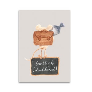 Klappkarte ENDLICH SCHULKIND Kinder Einschulung Grußkarte Glückwunsch Mädchen Jungen Maus Illustrationen Povalala Schulanfang erste Klasse