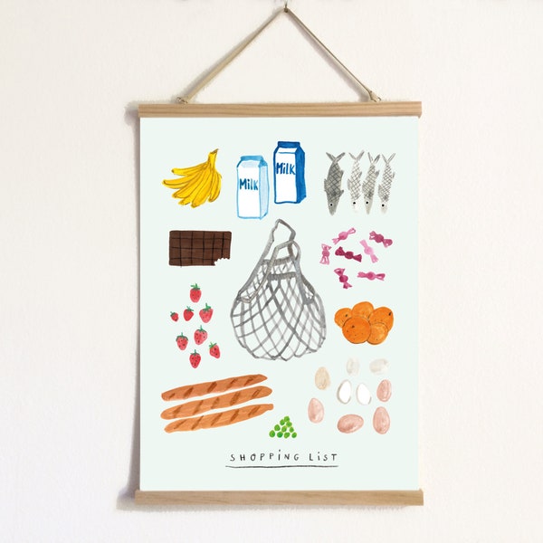 gedrucktes Poster Kinderzimmer Mädchen Jungen einkaufen Essen Gemüse Einkaufsladen Küche Illustrationen Dekoration Aquarell Ostern Obst Eier