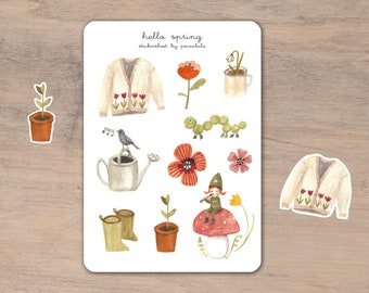 Stickersheet hello spring Frühling Aufkleber povalala Blumen Garten Journal Tagebuch Fliegenpilz Wichtel Raupe Natur Pflanzen Illustrationen