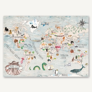 Wereldkaartposter Duitse kinderkamer kinderen dieren decoratie illustratie ontdekkingsreiziger avontuur Povalala aquarellen schoolinschrijving verjaardag