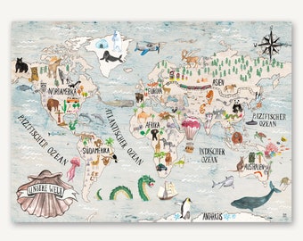 DEUTSCH Poster Weltkarte XL Kinderzimmer Kinder Tiere Dekoration Illustration Entdecker Abenteuer Povalala Einschulung Geburtstag