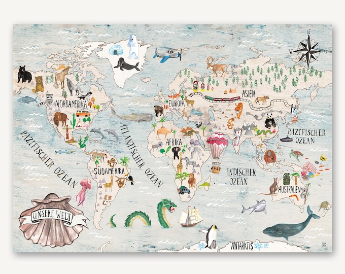 World map poster German children's room children animals decoration illustration explorer adventure Povalala watercolors school enrollment birthday