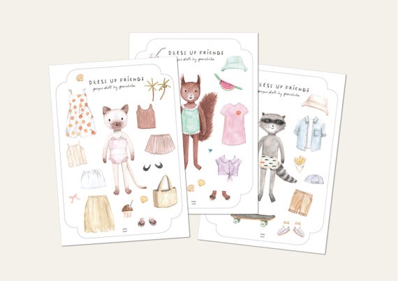 DRESS UP FRIENDS paper dolls by povalala summer holidays vacation animal printable paper doll Katze Anziehpuppe craft basteln dress up doll