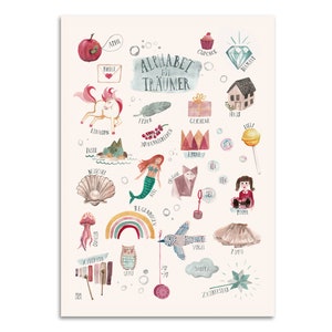 Poster tedesco alfabeto cameretta per bambini ragazze bambini A2 A3 apprendimento illustrazioni ABC arcobaleno unicorno Povalala iscrizione alla scuola Dream Baby