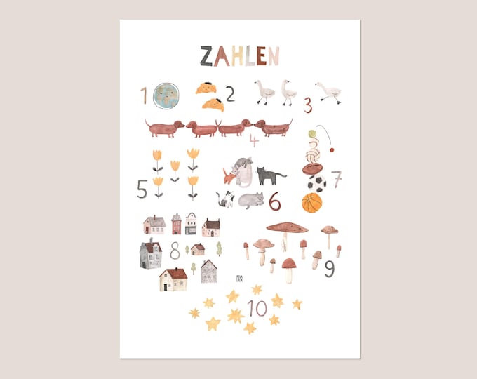 NUMBERS digital download poster nursery girls boys children learning illustrations Povalala school enrollment natural animals dachshund