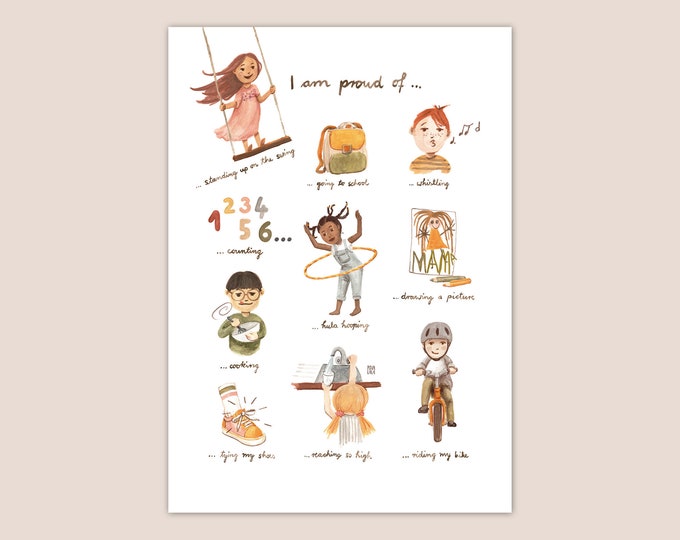 PROUD Poster A3 Nursery Girls Boys Children Pride Childhood Milestones Learning School Daycare Childhood Montessori Illustrations