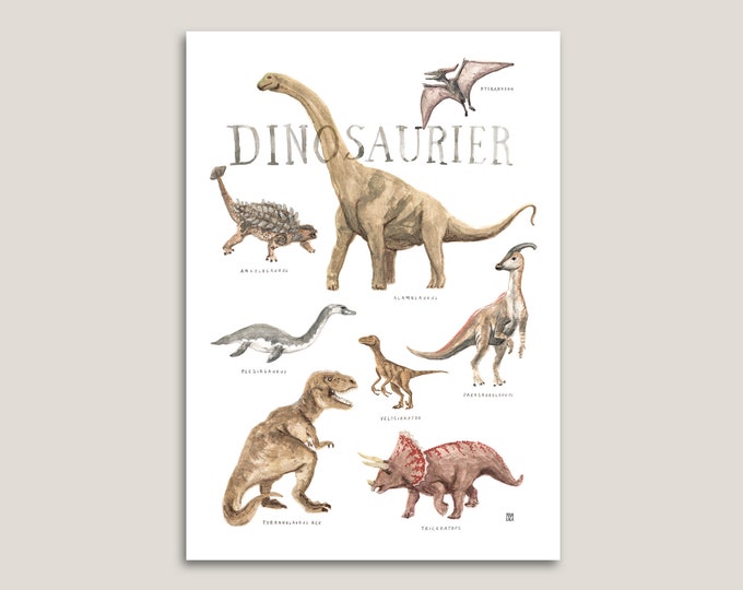 Dinosaur Poster A3 Nursery Boys Girls Cool Kids Povalala German Watercolor Explorers Triceratops T-Rex Explorers Nature