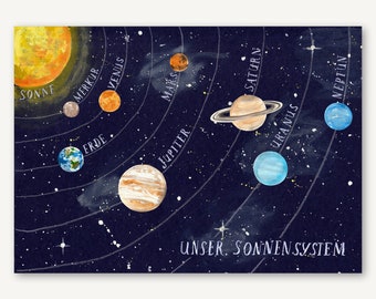Poster solar system children's room planets German digital download school stars decoration school enrollment universe space birthday
