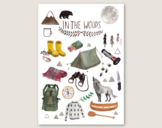 digital download poster IN THE WOODS children's room boys forest camping nature kids illustrations decoration adventure wilderness