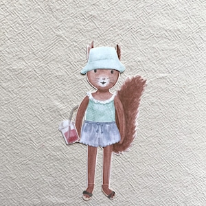 May include: A watercolor illustration of a squirrel wearing a light blue sun hat, a mint green top, and blue shorts. The squirrel is holding a pink drink and wearing sandals. The squirrel has a fluffy brown tail.