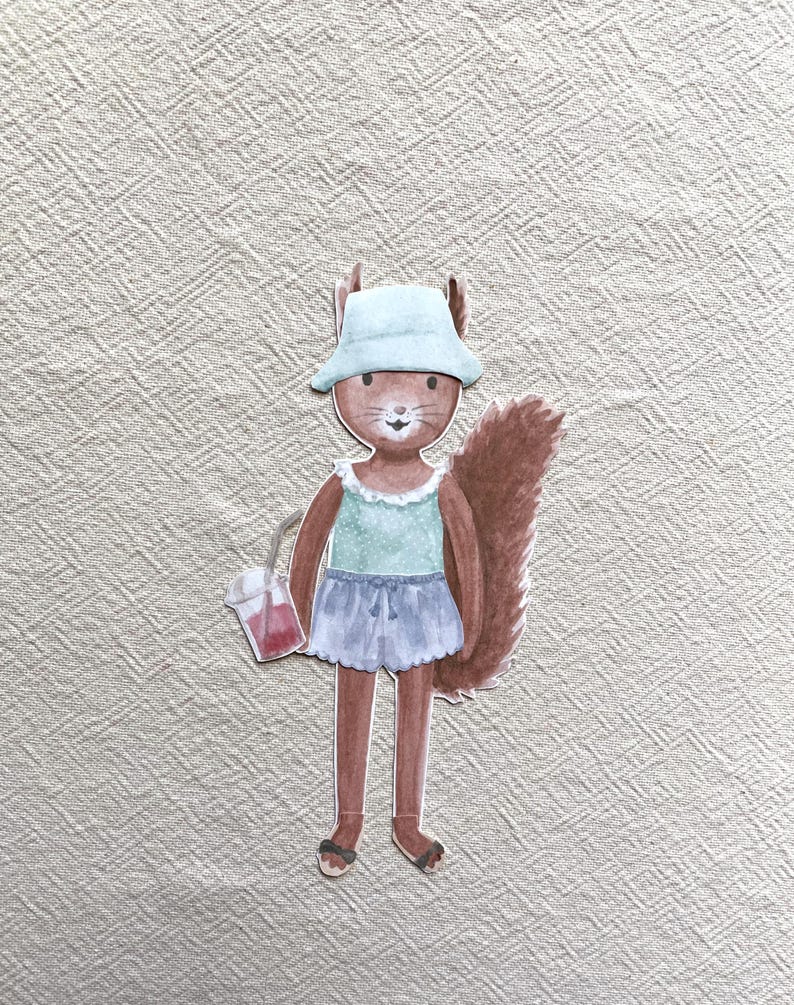May include: A watercolor illustration of a squirrel wearing a light blue sun hat, a mint green top, and blue shorts. The squirrel is holding a pink drink and wearing sandals. The squirrel has a fluffy brown tail.