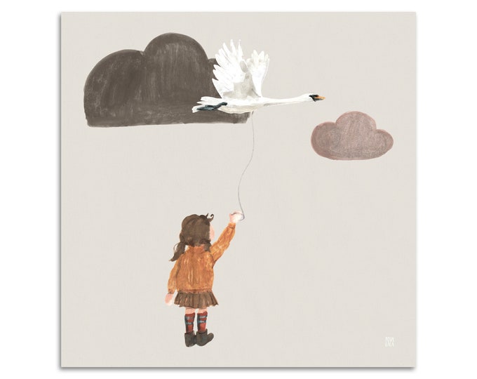 Poster Swan Autumn Nursery Seasons Girls Wind Dragon Clouds Bird Romantic Nostalgic Kids Illustrations Decoration